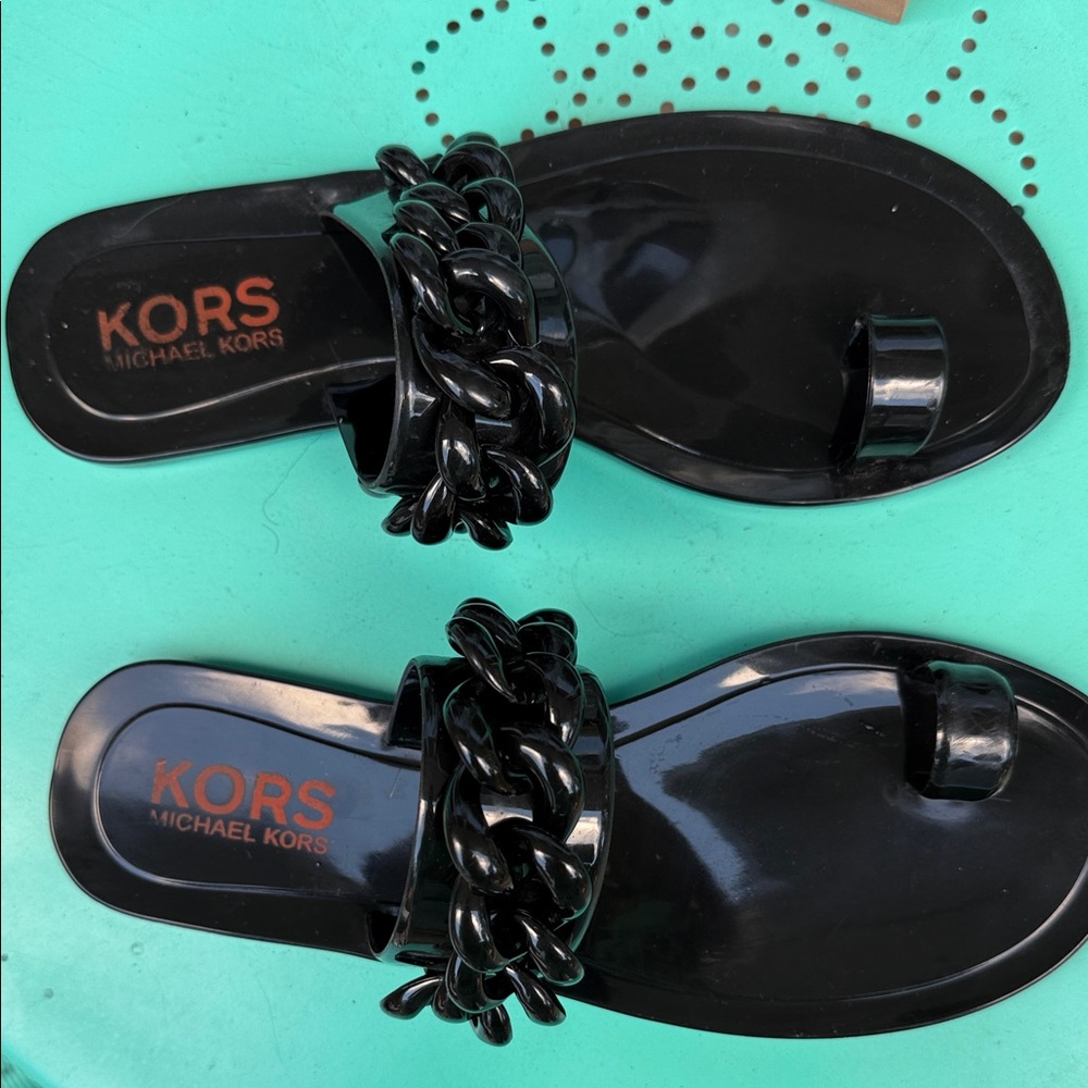 Michael Kors Glossy Black Chain Sandals - Picture 2 of 8